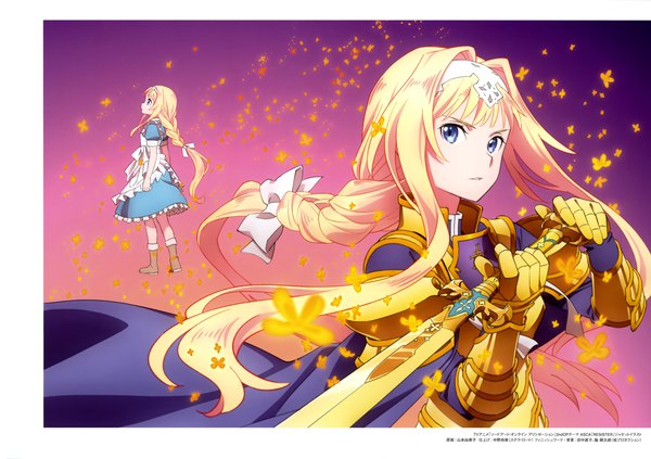 Anime picture 4080x2876 with sword art online a-1 pictures alice zuberg long hair looking at viewer fringe highres blue eyes blonde hair standing multiple girls holding payot absurdres full body upper body braid (braids) scan official art floating hair