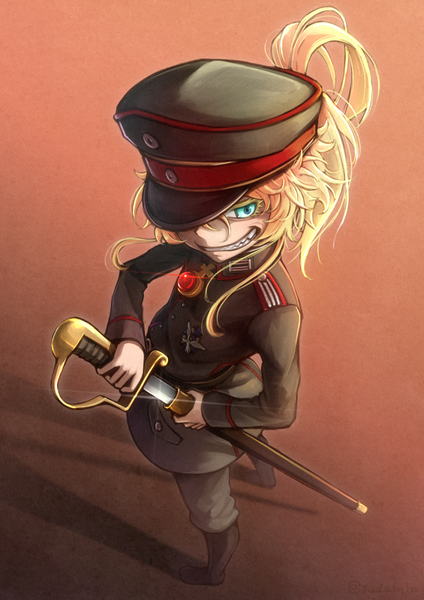 Anime picture 810x1146 with youjo senki tanya degurechaff dararito single long hair tall image open mouth simple background smile standing green eyes looking away full body ponytail long sleeves from above teeth grin sharp teeth shiny
