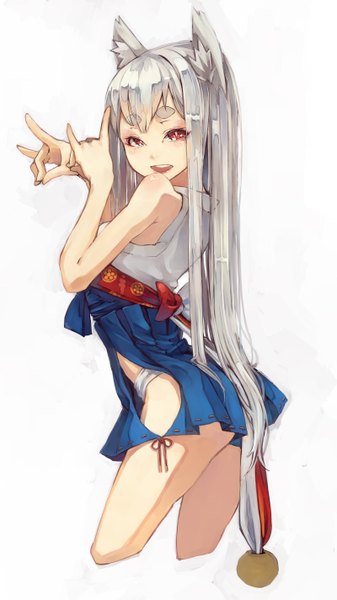 Anime picture 800x1423 with original suzuno (bookshelf) single long hair tall image looking at viewer fringe open mouth simple background smile red eyes standing white background bare shoulders animal ears traditional clothes japanese clothes grey hair teeth fox ears