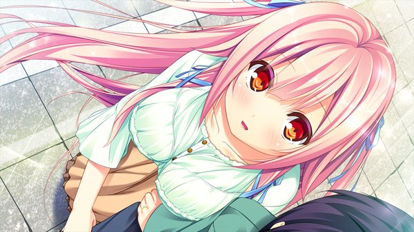 Anime picture 1280x720 with harvest overray giga tamaki yuuka long hair blush open mouth red eyes wide image looking away pink hair game cg girl dress ribbon (ribbons) hair ribbon