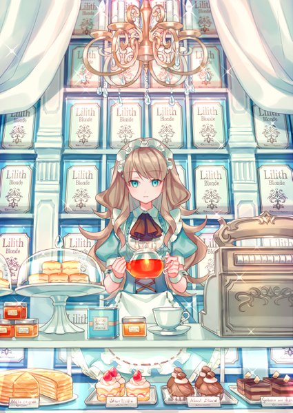 Anime picture 1769x2500 with original zoff (daria) single long hair tall image looking at viewer blush fringe highres blue eyes brown hair standing holding inscription sparkle short sleeves puffy sleeves wavy hair frilled dress waitress