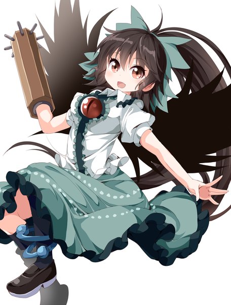 Anime picture 912x1200 with touhou reiuji utsuho ruu (tksymkw) single long hair tall image looking at viewer blush open mouth black hair simple background red eyes white background ponytail spread arms alternate hairstyle black wings arm cannon girl bow