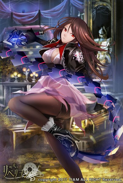 Anime-Bild 640x950 mit violation of rebellion (game) rebellion single long hair tall image looking at viewer breasts red eyes brown hair standing holding cleavage bent knee (knees) head tilt open jacket high heels copyright name standing on one leg leg lift (legs lift) knight