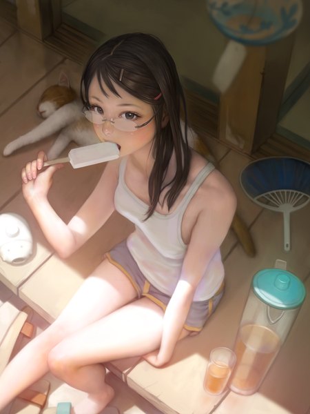 Anime picture 787x1050 with original mujiha (mlog) single long hair tall image looking at viewer blush black hair sitting bare shoulders barefoot from above bare legs shadow grey eyes summer girl hair ornament animal glasses