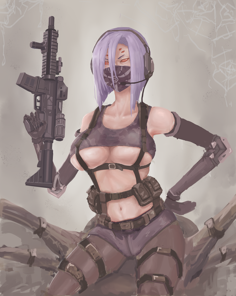 Anime picture 2800x3500 with monster musume no iru nichijou rachnera arachnera moshine single tall image looking at viewer fringe highres short hair breasts light erotic hair between eyes red eyes large breasts holding purple hair grey background hand on hip underboob monster girl