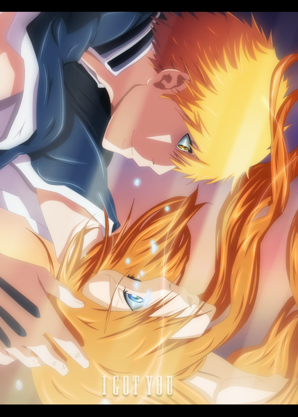 Anime picture 859x1200 with bleach studio pierrot kurosaki ichigo inoue orihime nuclearagent long hair tall image short hair blue eyes smile yellow eyes traditional clothes japanese clothes profile orange hair inscription coloring light letterboxed face to face