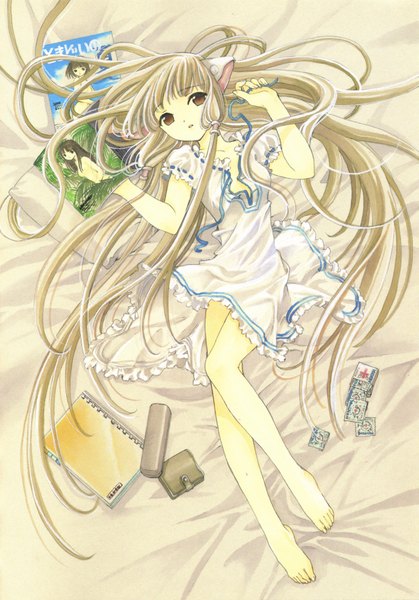 Anime picture 3141x4500 with chobits chii single long hair tall image highres open mouth blonde hair brown eyes absurdres barefoot no shoes girl dress underwear panties lingerie white dress book (books) bed
