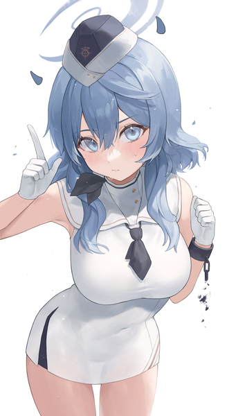 Anime picture 3102x5669 with blue archive ako (blue archive) ff 01 single tall image looking at viewer fringe highres short hair blue eyes light erotic simple background hair between eyes white background blue hair absurdres leaning leaning forward sleeveless covered navel
