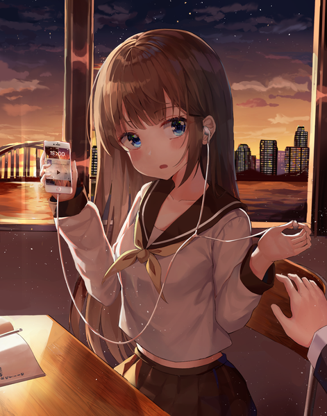 Anime picture 2480x3156 with original refile long hair tall image looking at viewer blush fringe highres open mouth blue eyes brown hair sitting holding cloud (clouds) indoors blunt bangs long sleeves night night sky city
