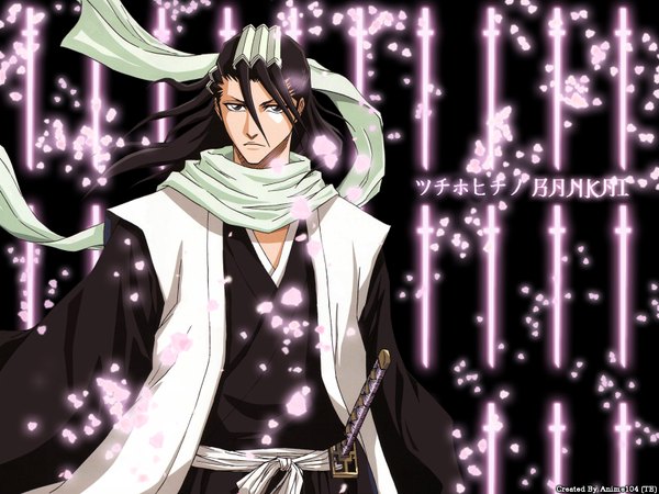Anime picture 1600x1200 with bleach studio pierrot kuchiki byakuya single long hair looking at viewer fringe black hair signed traditional clothes japanese clothes inscription text third-party edit serious glow bankai boy weapon petals