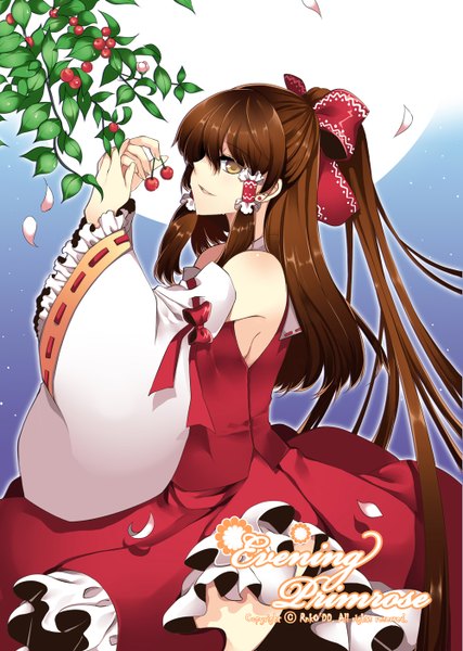 Anime picture 1000x1406 with touhou hakurei reimu roh nam kyung single long hair tall image looking at viewer bare shoulders yellow eyes inscription night tears cherry blossoms girl bow plant (plants) hair bow detached sleeves petals tree (trees)