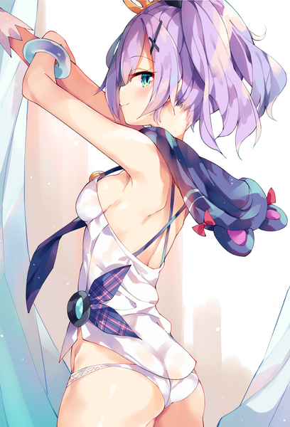 Anime picture 1031x1514 with azur lane javelin (azur lane) unacchi (nyusankin) single long hair tall image blush fringe breasts blue eyes light erotic smile hair between eyes standing bare shoulders payot purple hair ass ponytail indoors