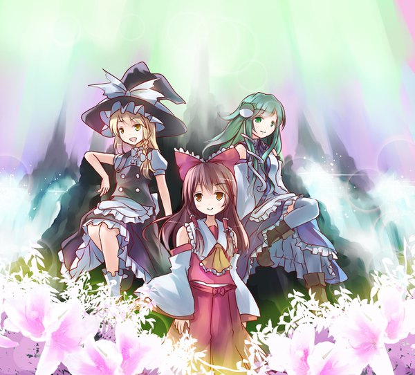 Anime picture 2773x2508 with touhou hakurei reimu kirisame marisa kochiya sanae risutaru long hair looking at viewer fringe highres open mouth blonde hair smile brown hair standing multiple girls brown eyes green eyes yellow eyes looking away outdoors