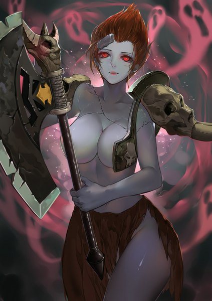 Anime picture 1101x1562 with league of legends sion (league of legends) gu-ko citemer single tall image looking at viewer short hair breasts light erotic red eyes large breasts standing red hair scar ghost genderswap wide hips girl weapon armor