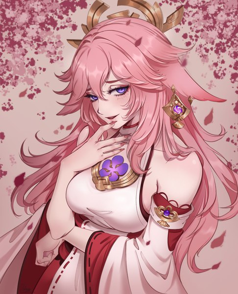 Anime picture 2841x3510 with genshin impact yae miko mihan77108047 single long hair tall image looking at viewer fringe highres hair between eyes purple eyes animal ears pink hair upper body traditional clothes japanese clothes fingernails fox ears fox girl long fingernails