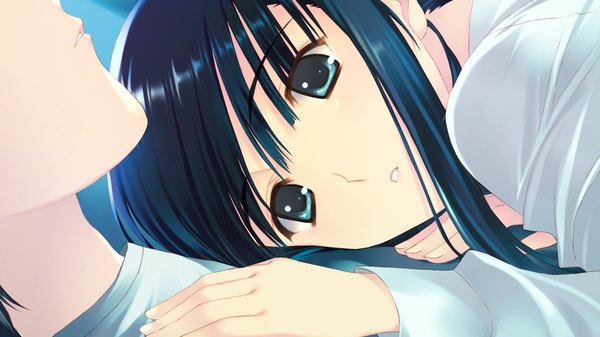 Anime picture 1280x720 with white album 2 touma kazusa long hair blue eyes black hair wide image game cg lying girl