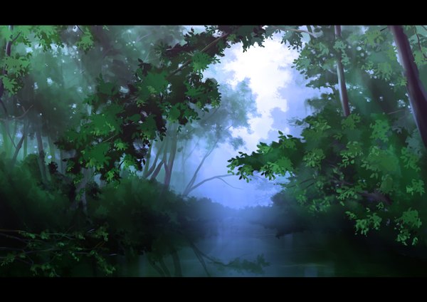 Anime picture 1403x992 with original yagami kentou no people landscape summer river nature plant (plants) tree (trees) water leaf (leaves)