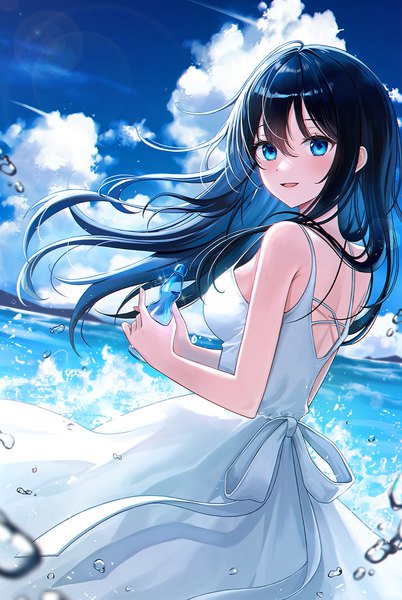 Anime picture 900x1342 with original pora 0918 single long hair tall image fringe blue eyes black hair looking away sky cloud (clouds) outdoors wind sleeveless summer girl dress white dress sea bottle