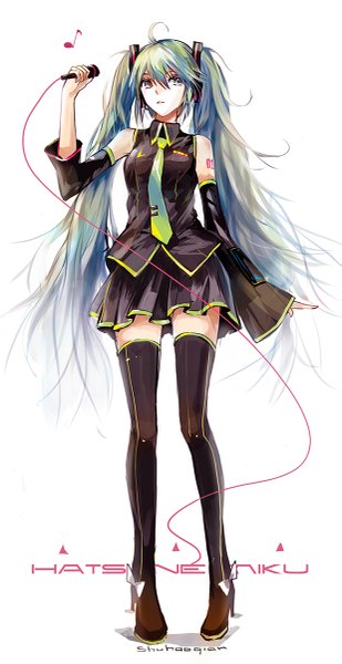 Anime picture 619x1200 with vocaloid hatsune miku shuhaoqian single long hair tall image simple background white background twintails bare shoulders looking away ahoge aqua eyes aqua hair inscription girl detached sleeves thigh boots microphone wire (wires)