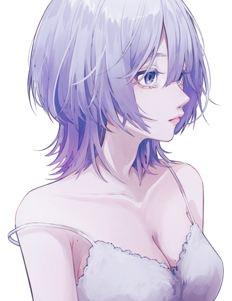 Anime picture 1917x2483 with original 402 (o0 xxx) single tall image fringe highres short hair breasts light erotic simple background hair between eyes white background purple eyes looking away cleavage purple hair upper body mole strap slip mole on breast