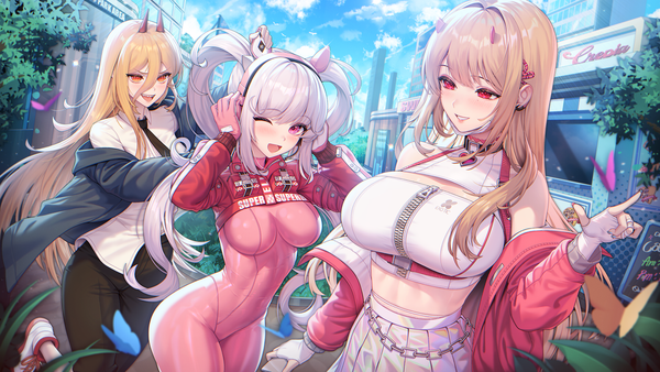 Anime picture 2000x1125 with chainsaw man goddess of victory: nikke mappa power (chainsaw man) viper (nikke) alice (nikke) choney long hair looking at viewer blush fringe highres breasts open mouth light erotic blonde hair smile hair between eyes red eyes wide image