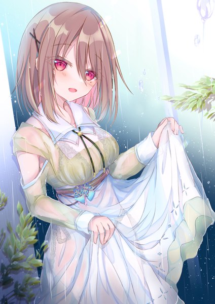 Anime picture 707x1000 with original moe2022 yamine kuro single tall image blush fringe short hair open mouth light erotic hair between eyes brown hair :d multicolored hair mole mole under eye rain wet clothes colored inner hair girl
