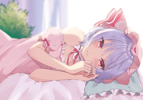 Anime picture 1476x1039 with touhou remilia scarlet beni kurage single looking at viewer fringe short hair hair between eyes red eyes bare shoulders purple hair upper body indoors lying blurry off shoulder arms up short sleeves depth of field puffy sleeves