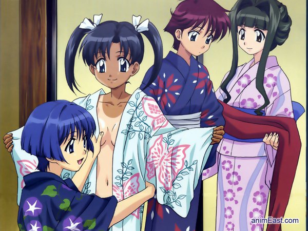 Anime picture 1024x768 with ai yori aoshi j.c. staff sakuraba aoi ai (tick! tack!) minazuki chika light erotic japanese clothes open clothes open shirt animal print tan lines butterfly print flower (flowers) yukata morning glory aoshi yori