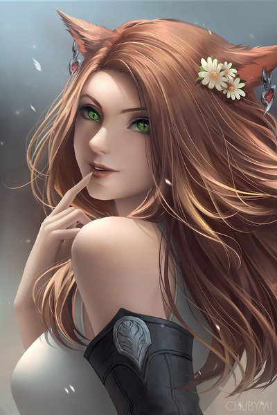 Anime picture 1024x1536 with final fantasy final fantasy xiv square enix miqo'te chubymi single long hair tall image looking at viewer blush fringe breasts brown hair green eyes signed animal ears upper body parted lips hair flower fingernails