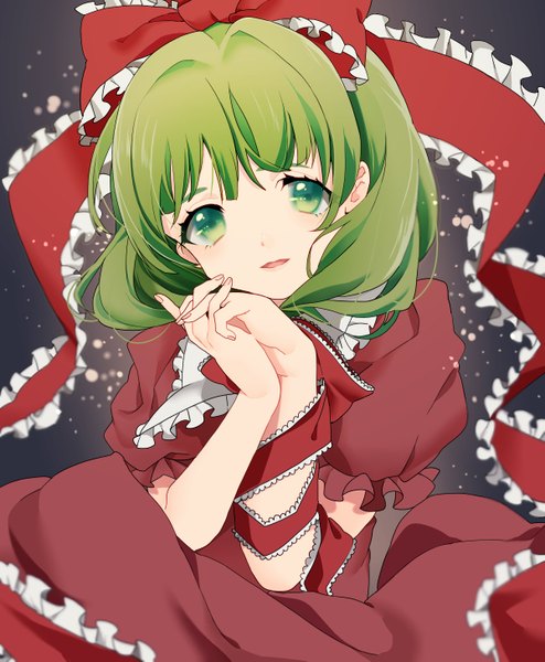 Anime picture 1200x1457 with touhou kagiyama hina mihatarou single tall image looking at viewer fringe short hair open mouth green eyes green hair hands clasped interlocked fingers girl dress ribbon (ribbons) bow hair bow red dress