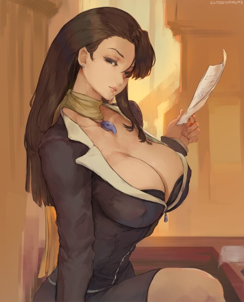Anime picture 4000x4956 with ace attorney mia fey cutesexyrobutts single long hair tall image looking at viewer fringe highres breasts light erotic hair between eyes brown hair large breasts sitting holding signed absurdres cleavage mole