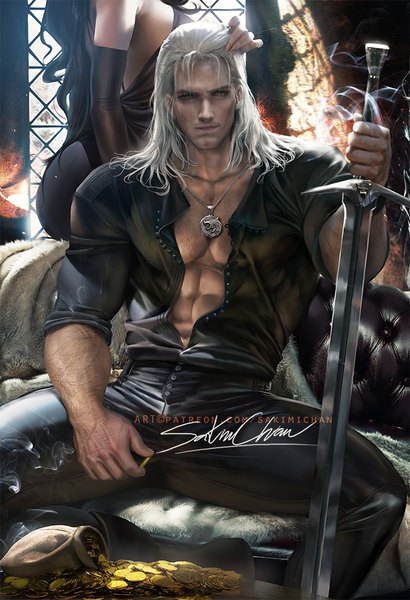 Anime picture 684x1000 with the witcher the witcher 3 wild hunt yennefer of vengerberg geralt of rivia sakimichan long hair tall image looking at viewer breasts black hair sitting holding brown eyes silver hair indoors realistic open shirt smoke muscle head out of frame