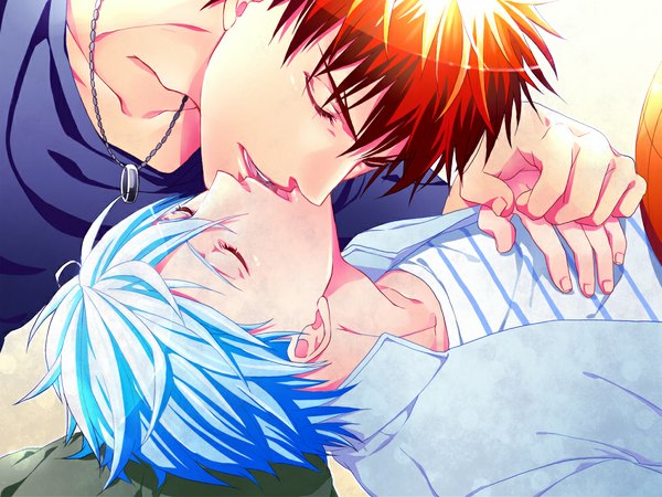 Anime picture 1000x750 with kuroko no basket production i.g kuroko tetsuya kagami taiga short hair blue hair red hair lying eyes closed multiple boys striped kiss shounen ai french kiss boy 2 boys ring ball basketball ball locket