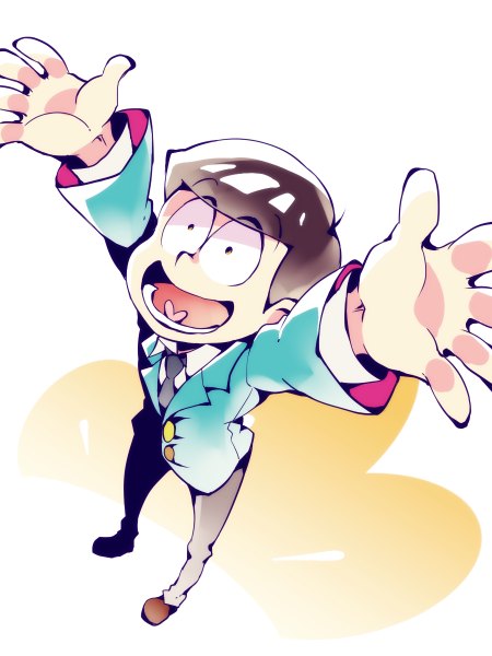 Anime picture 900x1200 with osomatsu-san matsuno juushimatsu dossei single tall image short hair open mouth simple background brown hair white background yellow eyes full body ahoge from above teeth spread arms formal boy