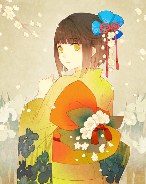 Anime picture 713x900 with original ame (conronca) single tall image looking at viewer fringe short hair brown hair green eyes traditional clothes japanese clothes looking back from behind floral print half updo plum blossoms girl hair ornament flower (flowers) plant (plants)