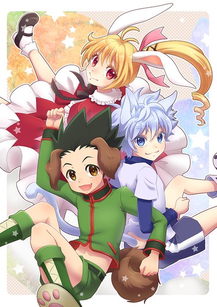 Anime picture 680x960 with hunter x hunter killua zaoldyeck gon freaks biscuit krueger nightcat long hair tall image looking at viewer blush fringe short hair open mouth blue eyes blonde hair smile red eyes sitting brown eyes animal ears silver hair