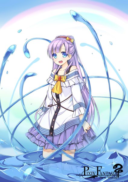 Anime picture 2480x3507 with original pixiv fantasia pixiv fantasia new world amemiya ruki single long hair tall image looking at viewer blush highres open mouth blue eyes purple hair girl dress bow hair bow water