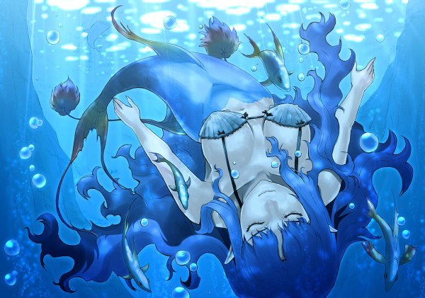 Anime picture 1200x842 with kimura tatsuki long hair blue hair eyes closed pointy ears underwater girl water bubble (bubbles) fish (fishes) bikini top mermaid