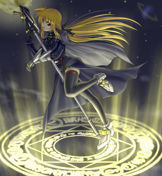 Anime picture 1227x1332 with mahou shoujo lyrical nanoha mahou shoujo lyrical nanoha strikers fate testarossa moonlight (base) single long hair tall image blonde hair red eyes ponytail girl thighhighs gloves uniform black thighhighs armor cloak