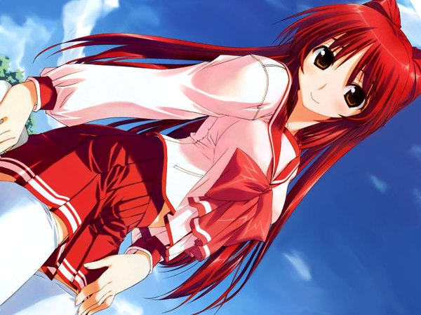 Anime picture 1280x960 with to heart 2 leaf (studio) kousaka tamaki amaduyu tatsuki single long hair looking at viewer breasts smile large breasts brown eyes sky cloud (clouds) red hair pleated skirt arm support dutch angle girl thighhighs skirt