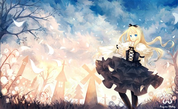 Anime picture 1000x615 with eternita forgotten melody sairalinde dhiea single long hair blue eyes blonde hair wide image cloud (clouds) girl dress bow plant (plants) hair bow petals tree (trees)