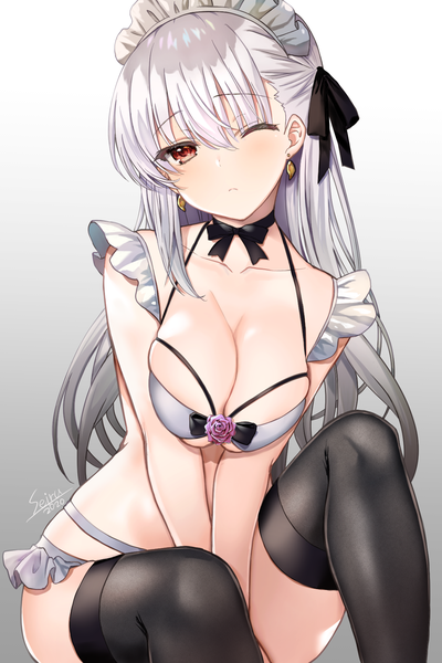 Anime picture 1200x1800 with fate (series) fate/grand order kama (fate) hijiri ruka single long hair tall image looking at viewer blush fringe breasts light erotic simple background hair between eyes red eyes large breasts sitting signed silver hair bent knee (knees)