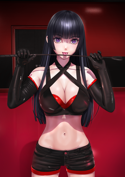Anime picture 2894x4093 with original tai (2vs) single long hair tall image looking at viewer fringe highres breasts light erotic large breasts standing purple eyes bare shoulders holding payot cleavage indoors blunt bangs mole