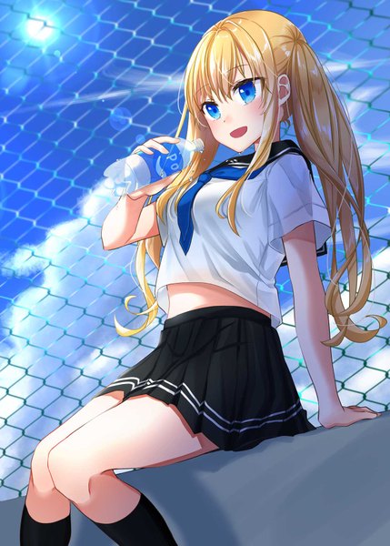 Anime picture 1296x1813 with original amaimomo single long hair tall image blush fringe breasts open mouth blonde hair hair between eyes sitting twintails holding payot looking away sky cloud (clouds) bent knee (knees) outdoors