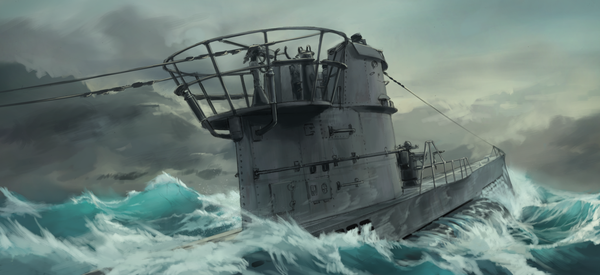 Anime picture 1527x700 with original cacao choco mame wide image sky cloud (clouds) wind partially submerged military afloat storm water sea watercraft wave (waves) submarine