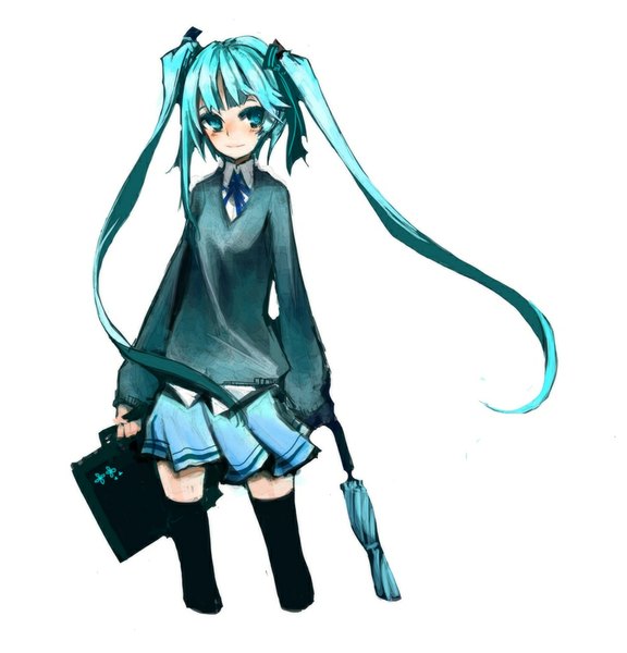 Anime picture 959x1000 with vocaloid hatsune miku kiku (kicdoc) single long hair tall image looking at viewer blush fringe simple background white background aqua eyes light smile aqua hair girl thighhighs skirt black thighhighs miniskirt sweater