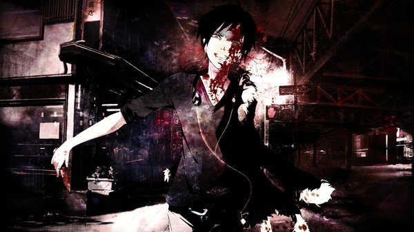 Anime picture 1920x1080 with durarara!! brains base (studio) orihara izaya single looking at viewer highres short hair black hair smile red eyes wide image headphones around neck smirk boy headphones blood knife