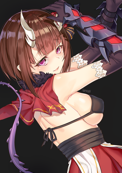 Anime picture 725x1024 with princess connect! re:dive princess connect! kuraishi eriko goyain single tall image looking at viewer blush fringe short hair breasts open mouth light erotic simple background brown hair signed tail blunt bangs pink eyes horn (horns)