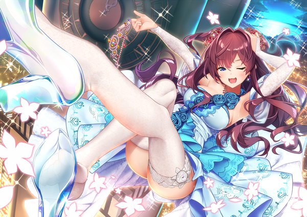 Anime picture 2124x1504 with idolmaster idolmaster cinderella girls ichinose shiki baffu single long hair looking at viewer blush fringe highres breasts open mouth blue eyes light erotic hair between eyes holding sky purple hair cloud (clouds) bent knee (knees)