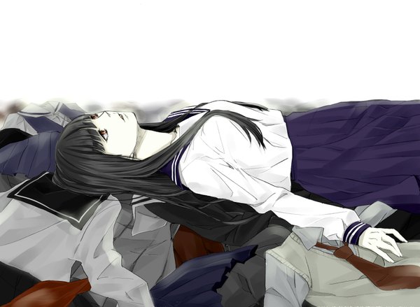 Anime picture 3482x2550 with original hiakko single long hair highres black hair red eyes absurdres lying looking up girl skirt uniform school uniform serafuku